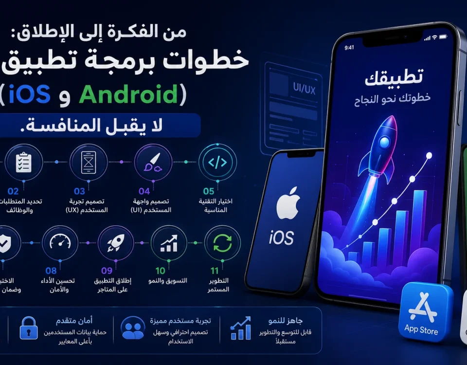 ChatGPT Image Jun 16 2026 02 58 58 AM من الفكرة إلى الإطلاق: خطوات برمجة تطبيق جوال (iOS و Android) لا يقبل المنافسة.