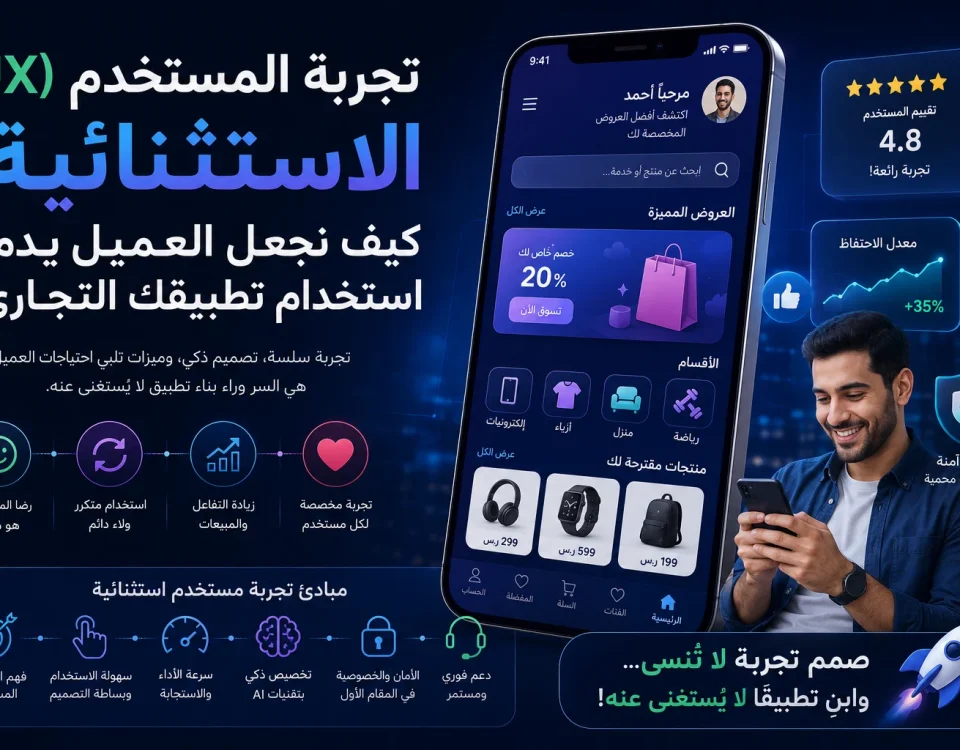 ChatGPT Image Jun 26 2026 04 50 21 AM تجربة المستخدم (UX) الاستثنائية: كيف نجعل العميل يدمن استخدام تطبيقك التجاري؟