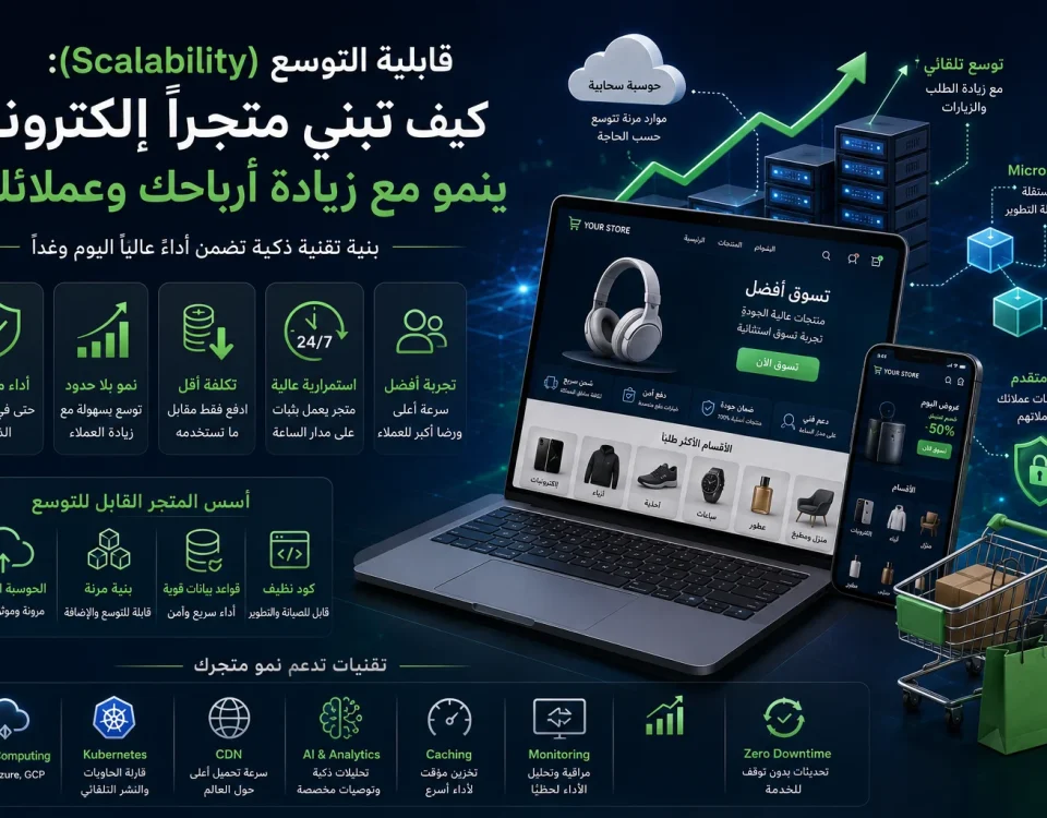 ChatGPT Image Jun 29 2026 03 33 35 AM قابلية التوسع (Scalability): كيف تبني متجراً إلكترونياً ينمو مع زيادة أرباحك وعملائك؟