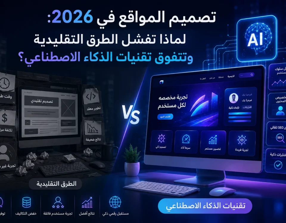 ChatGPT Image Jun 8 2026 02 18 38 AM تصميم المواقع في 2026: لماذا تفشل الطرق التقليدية وتتفوق تقنيات الذكاء الاصطناعي؟