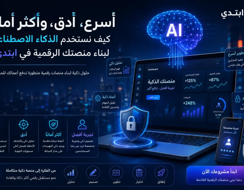 أسرع، أدق، وأكثر أماناً: كيف نستخدم الذكاء الاصطناعي لبناء منصتك الرقمية في ابتدي؟ 17 ChatGPT Image Jun 9 2026 06 23 34 PM أسرع، أدق، وأكثر أماناً: كيف نستخدم الذكاء الاصطناعي لبناء منصتك الرقمية في ابتدي؟