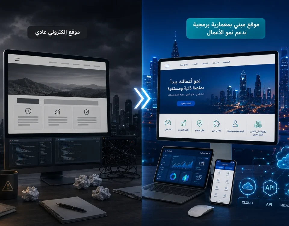 ChatGPT Image Jul 12 2026 03 19 13 AM ما الفرق بين الموقع الإلكتروني العادي والموقع المبني بمعمارية برمجية تدعم نمو الأعمال؟