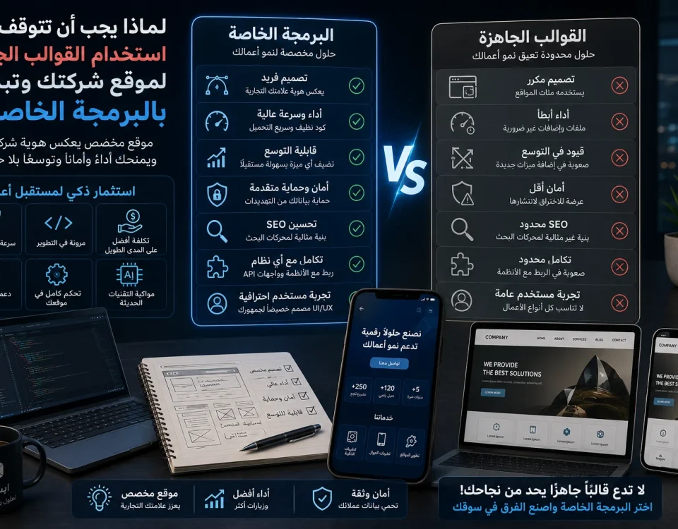 ChatGPT Image Jul 22 2026 02 55 03 AM لماذا يجب أن تتوقف عن استخدام القوالب الجاهزة لموقع شركتك وتبدأ بالبرمجة الخاصة؟